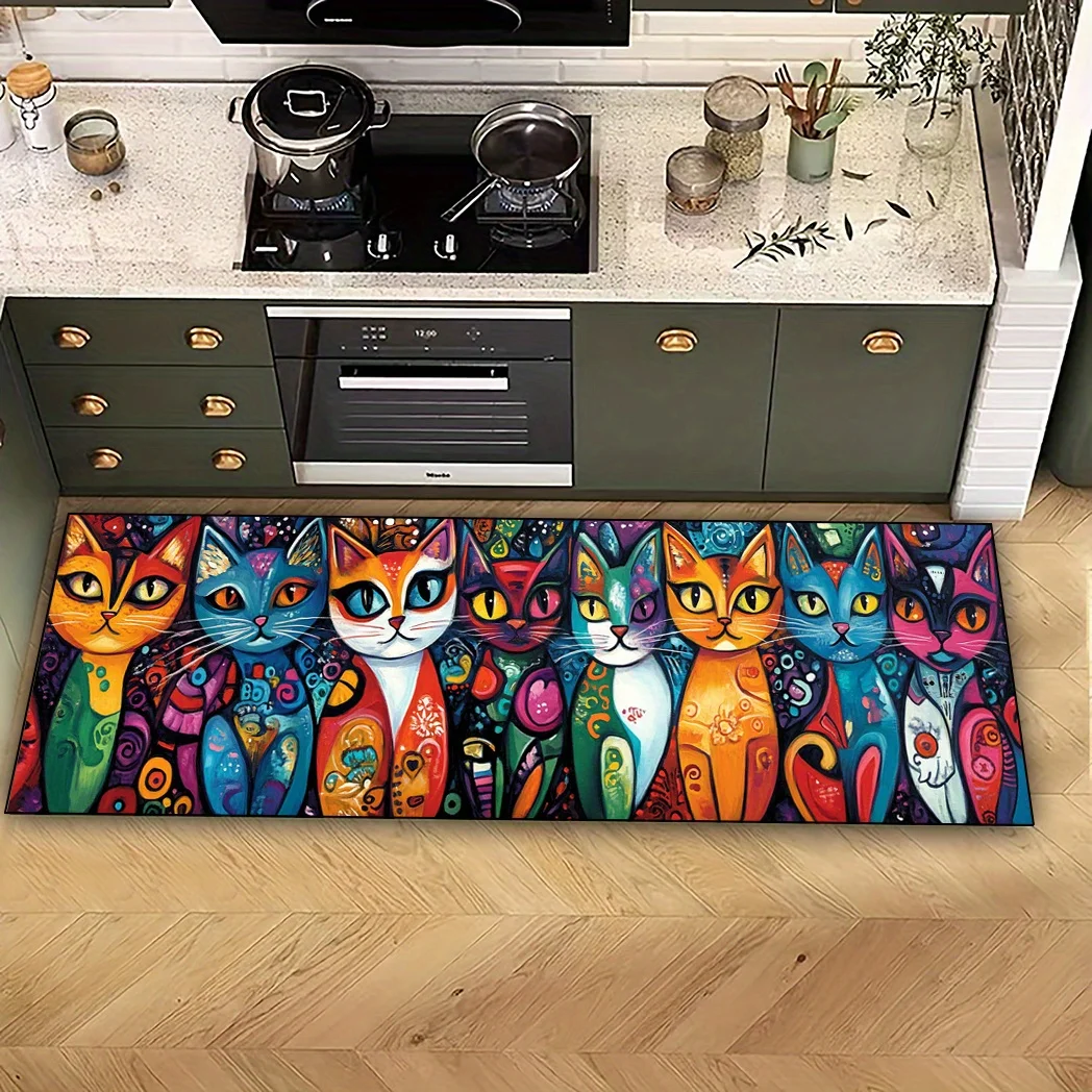 Vintage Art Colorful Cat Long Floor Mat, Vibrant Boho Pet Pattern Non-Slip Durable Runner Rug for Hallway Laundry Room