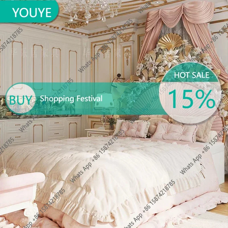 BJ X European Luxury Princess Bed Double Comfortable Adult Bedroom Headboards Bed Romantic Wedding Sleeping Muebles Home Furnitu
