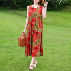 Women Plus Size Boho Dress Long Maxi Sundress Party Dress Elegant Vestidos Print O-neck High Waist Sleeveless