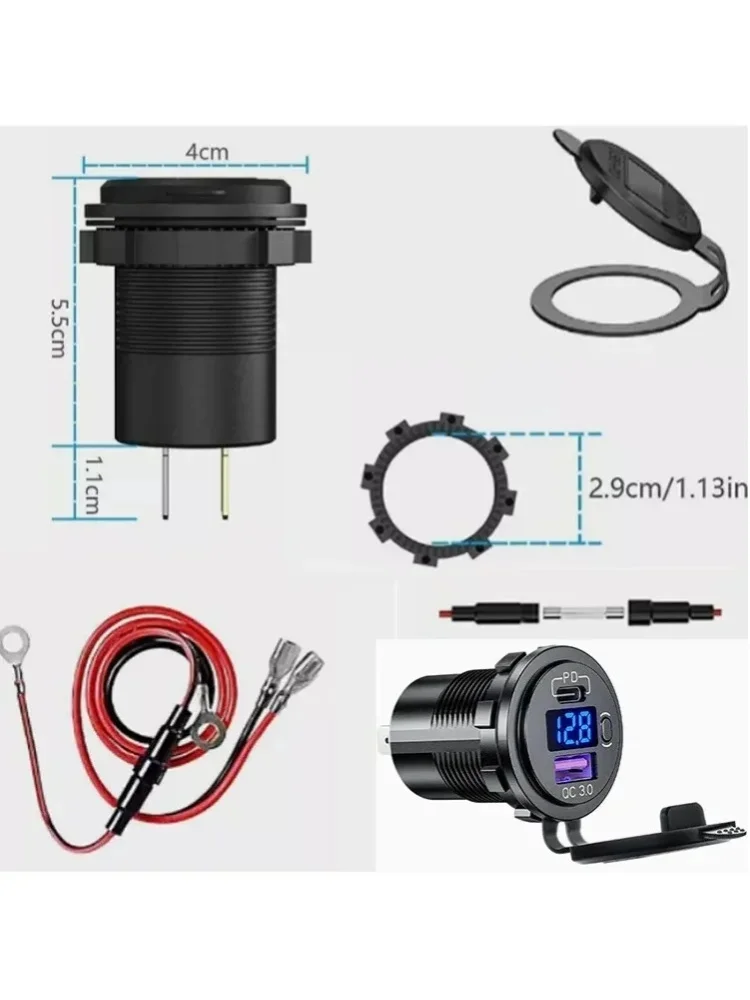 12V/24V PD Typ-C QC3.0 Dual-USB-Autoladegerät mit Voltmeter-Schalter für Auto, Motorrad, Boot, LED-Anzeige