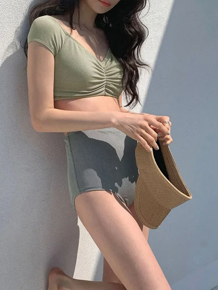 Sexy V Neck Pleated Bikini 2 Piece Set Women Split Swimsuit High Waist Beach Vacation Bikini 2025 New Summer Swimwear Bikini Set