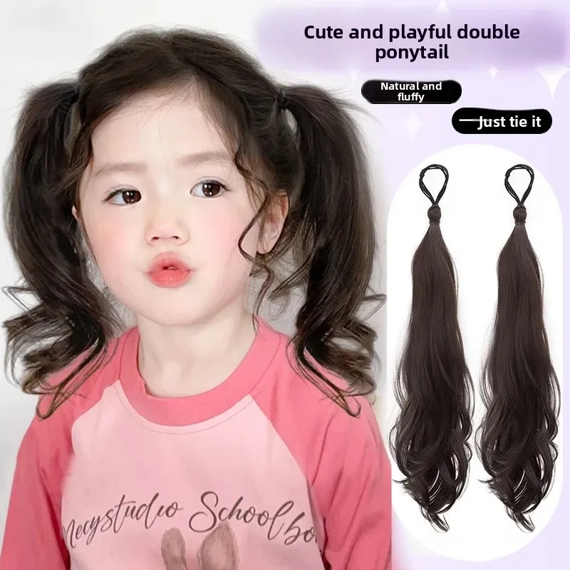 Coletas trenzadas de pelo sintético para niños, coletas dobles de aspecto Natural, modelo femenino, pelo rizado, cola falsa, cola de fibra asiática