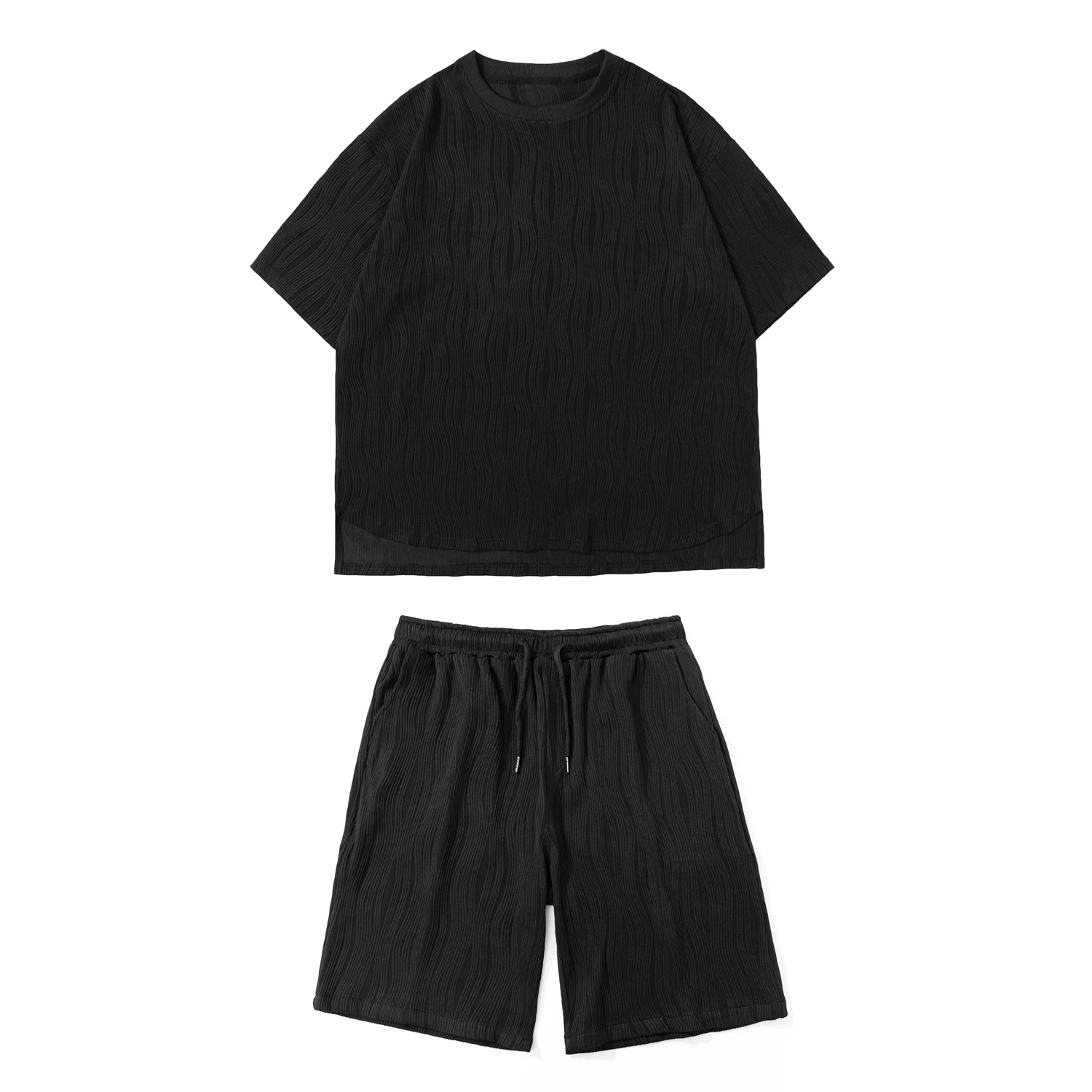 Plus Size 5XL-M High Quality Wave Pattern Drape Loose Casual Men's Sets Simple Short Sleeve Ice Silky Summer T Shirts + Shorts