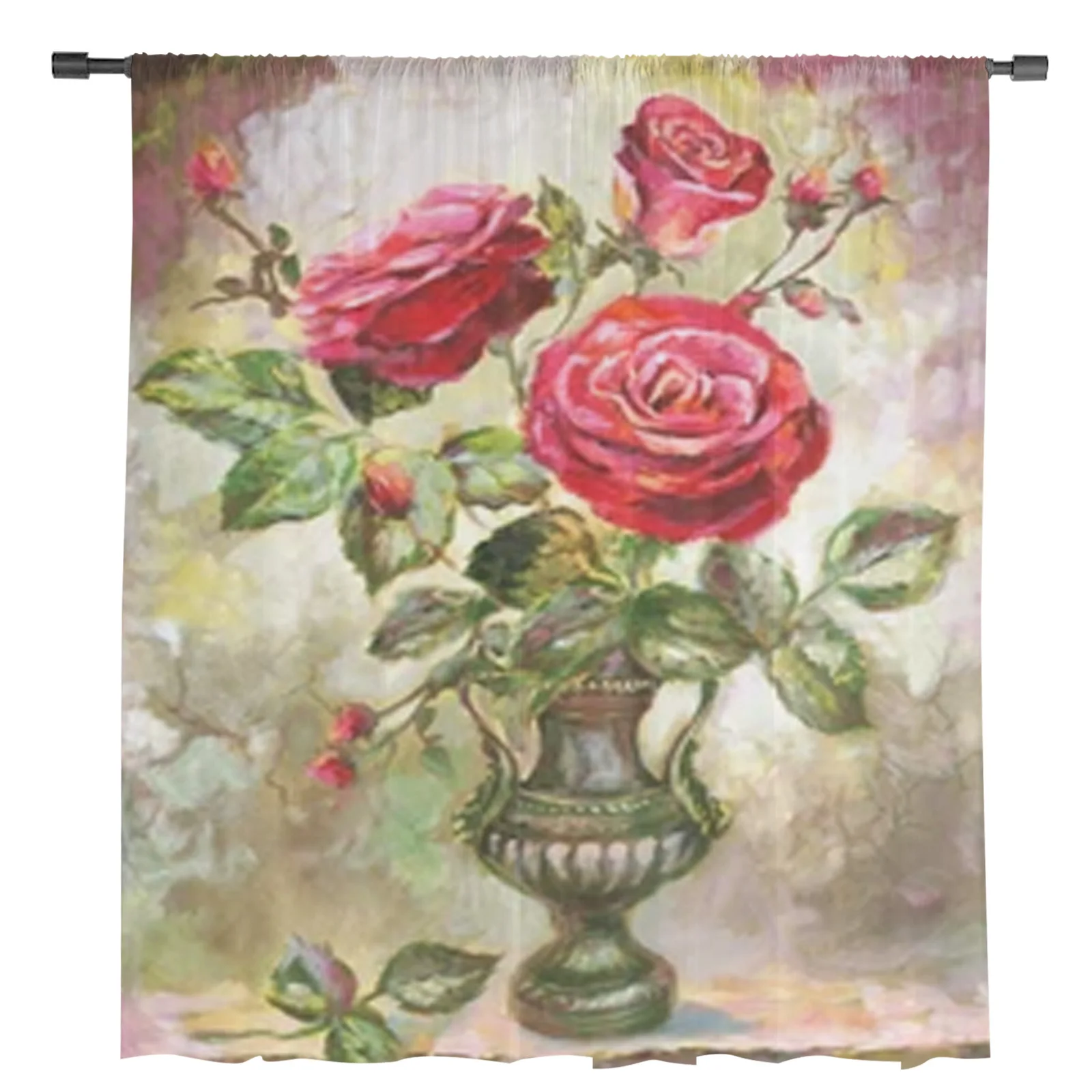 Bouquet Rose With Leaves In Vase Sheer Curtains Bedroom Voile Curtain Living Room Window Sheer Curtains Kitchen Tulle Drapes