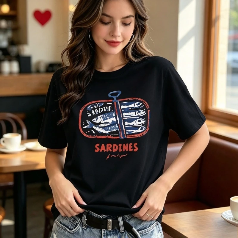 Women Sardine Can Graphic T-Shirt SARDINES Blue White Fish Print Top Modal Casual Funny Foodie Fish Lover Daily Street Shirt