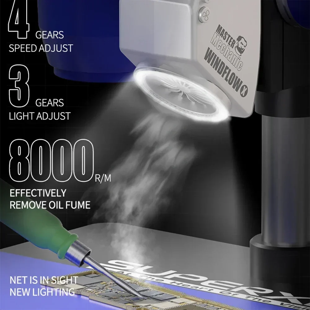 MECHANIC WindFlow X Exhaust Fan with Light Powerful Smoke Exhaust Tool Suitable for Microscopes Welding and Repair of PCB