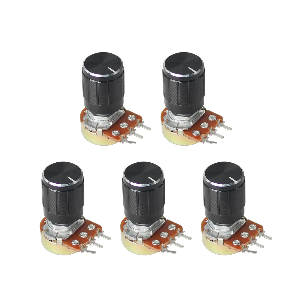 5 Set WH148 15mm 3pin Linear Potentiometer 1K 2K 5K 10K 20K 50K 100K 250K with Black Aluminum Alloy Knob Cap Potentiometers Kit