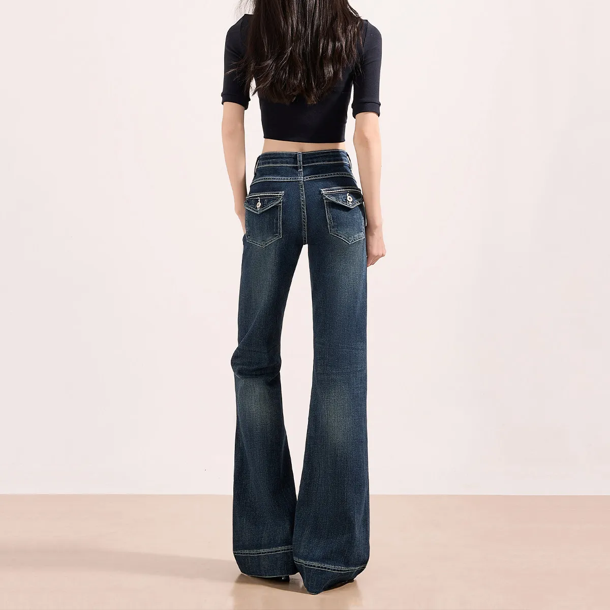 Deep Blue Low Waist Slimming Lazy Style Women's Bell Bottom Jeans Cotton Stretch Denim mid Rise Fall Fashion Trend