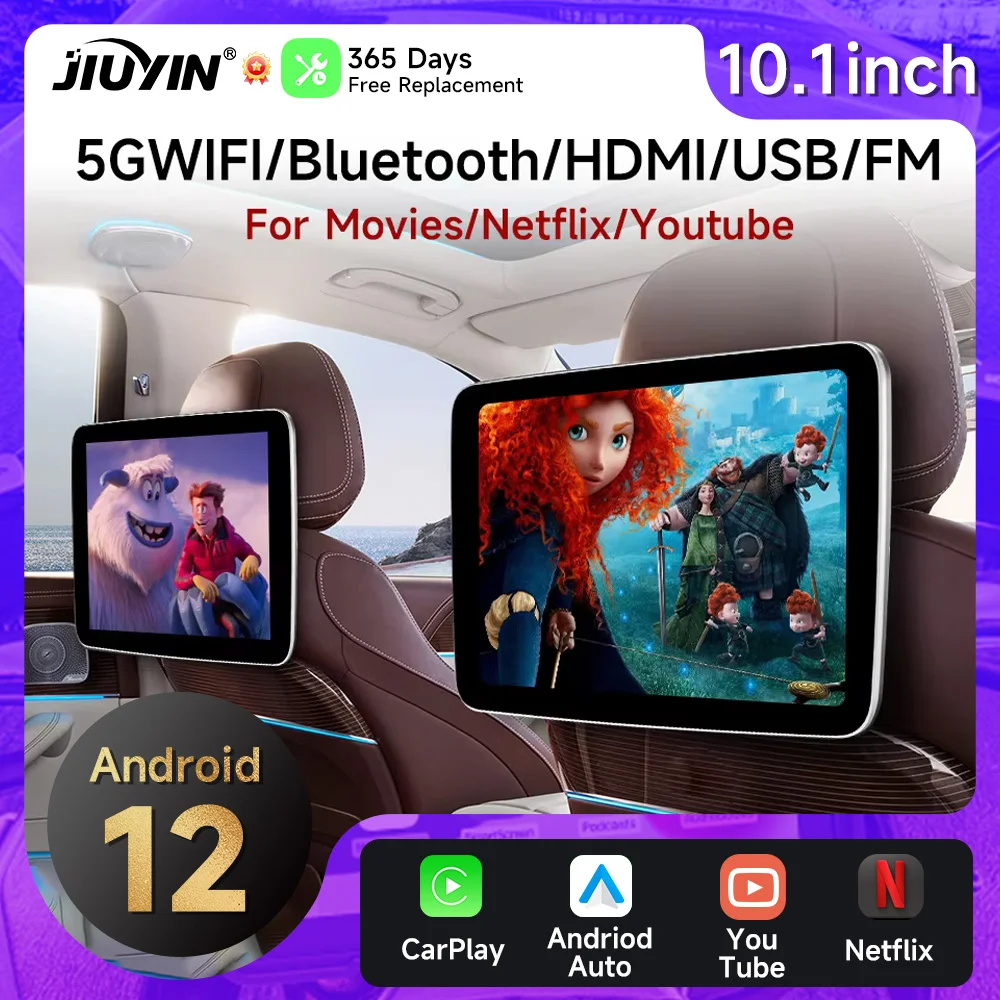 JIUYIN Headrest Monitor Display IPS Android12 Tablet Touch Screen For Car Rear Seat Player Video Music Bluetooth AirPlay HDMI