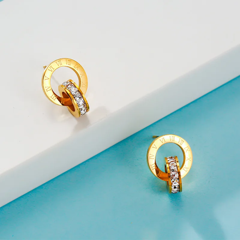 OIMG Stainless Steel Earrings New Classic Simple Roman Numeral Inlaid Zirconia Circle Pendant Stud Earrings For Women Jewelry