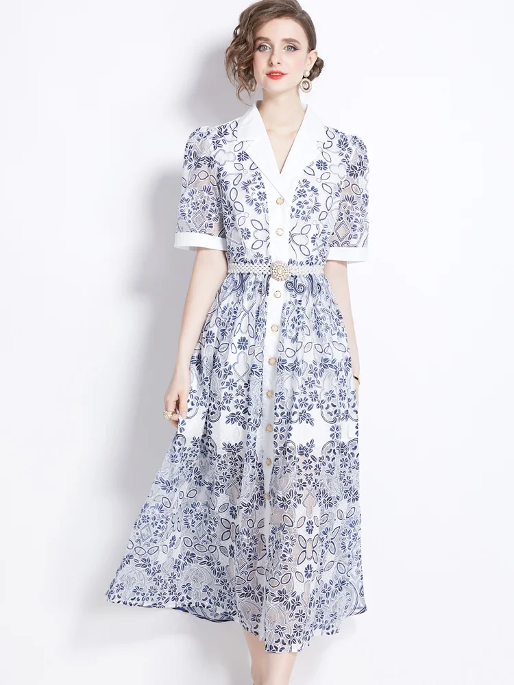 

SMTHMA New Fashion Casual Lapel Single Breasted Short Sleeved Print Lace Dress Women's Retro Mesh Eembroidered Summer Long Dress