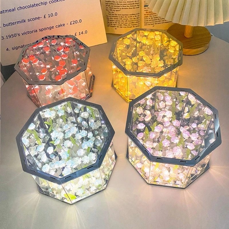 DIY Tulip Mirror Cube Lamp Simulation Flower Bedroom Sleeping Table Lamp Handmade Craft Rose Mirror Night Light Birthday Gifts