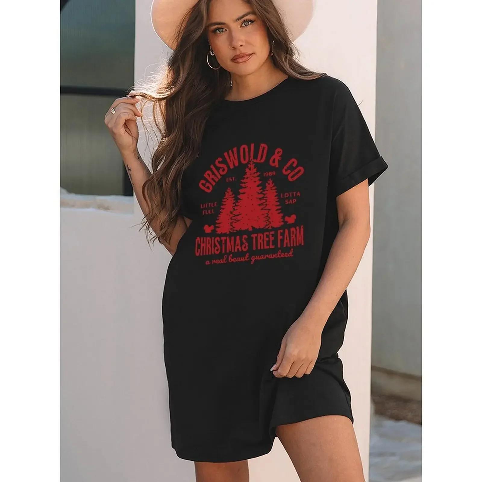 المرأة قصيرة الأكمام المتضخم المألوف عارضة شجرة عيد الميلاد طباعة تي شيرت امرأة الملابس س الرقبة المحملة تي شيرت #4