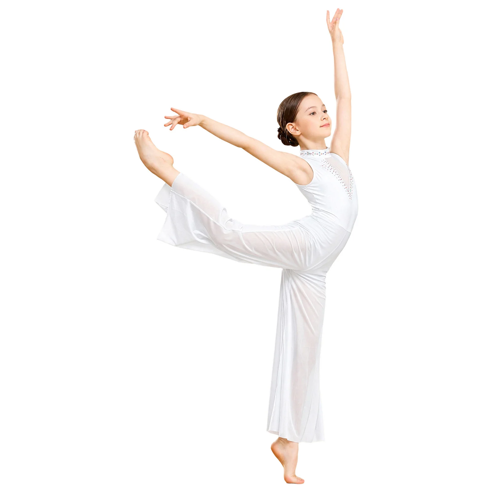 Kids Girls Elegant Lyrical Dance Jumpsuit Sleeveless Patchwork Mesh Bodysuit for Stage Performance Modern Dancewear Jumpsuits