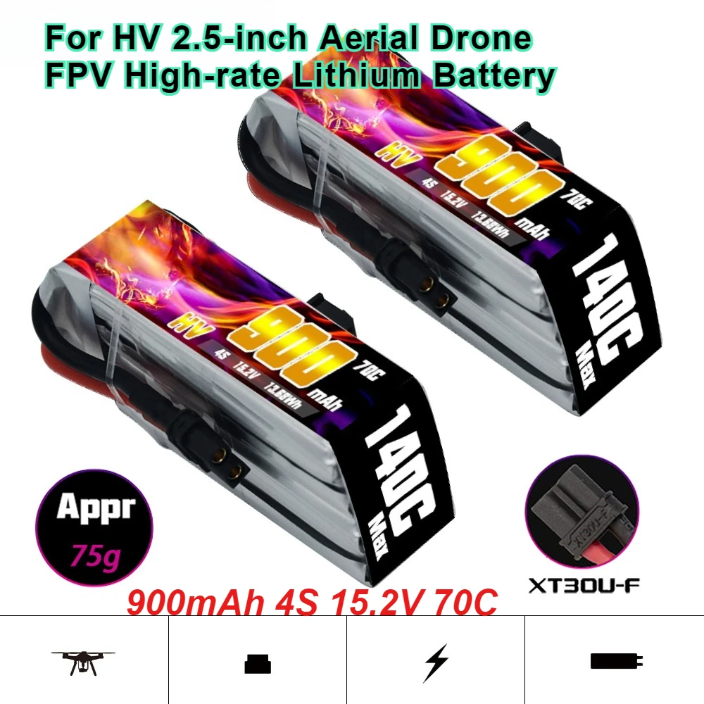 

High-Performance 900mAh 4S 15.2V 70C Battery for HV 2.5-inch Aerial Drone FPV High-rate Lithium Battery