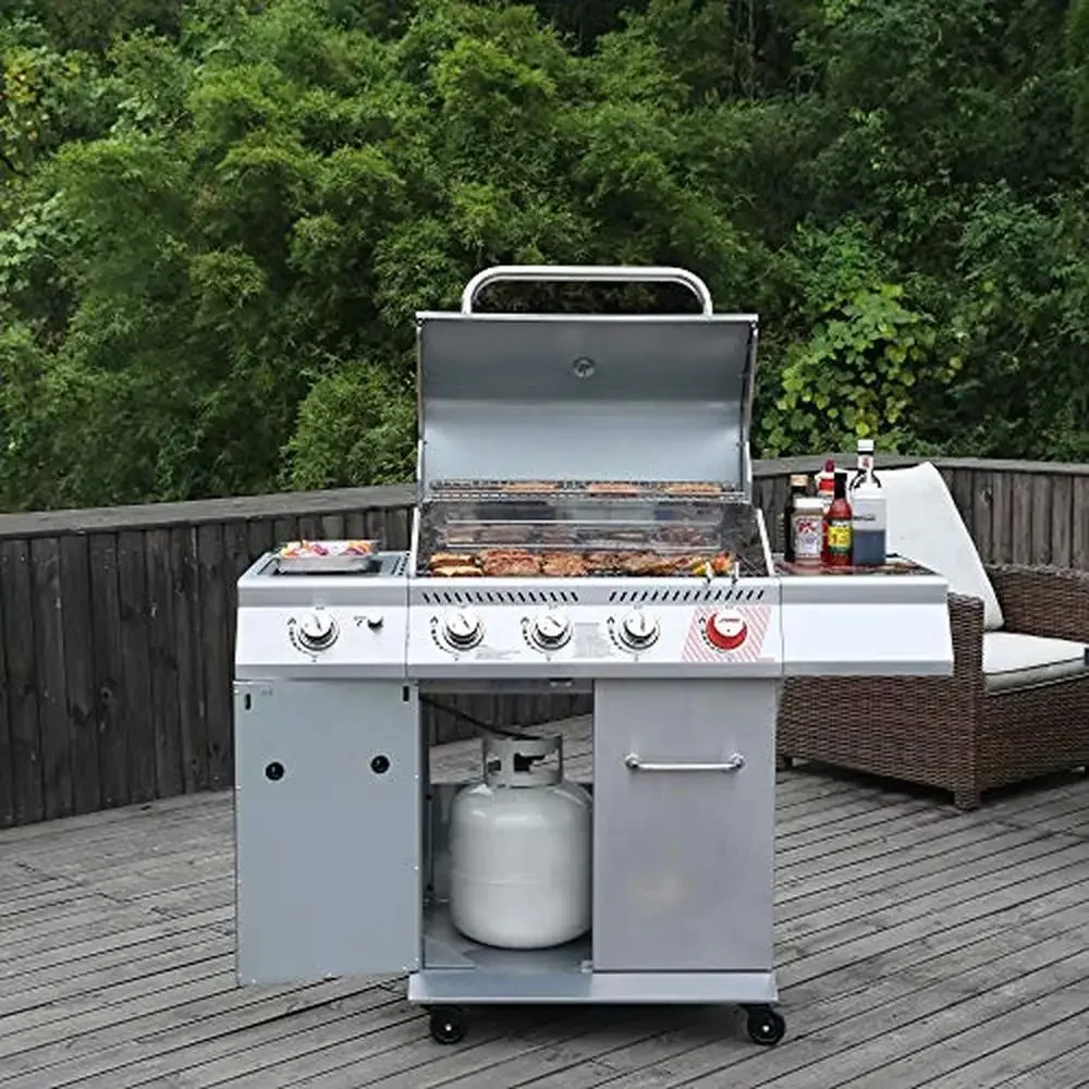 Gas Grill 4-Burner Stainless Steel 54,000 BTU Outdoor Patio Sear Burner Side Table Reliable Ignition Double-Layer Lid Long-Time