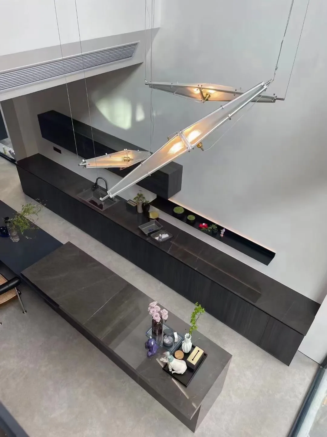 

Modern loft designer restaurant chandelier minimalist art dining table bar staircase stainless steel glass strip light