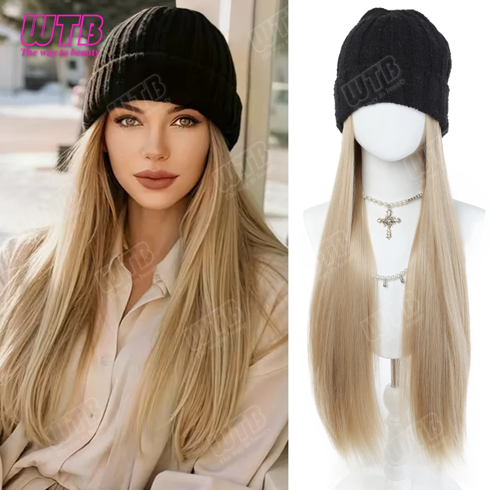 

Synthetic Hat Wig Women's Wig Black Knitted Hat Straight Hair Wig Suitable for Beginners and Everyday Wear in Autumn and Winter