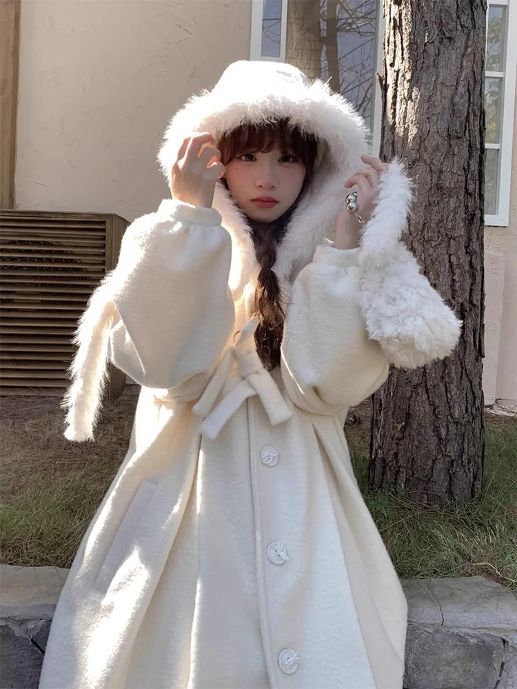 

Мягкое шерстяное пальто с капюшоном для женщин, зимнее, высококачественное, повседневное, средней длины, маленького размера, женственное, прямого кроя, на пуговицах...