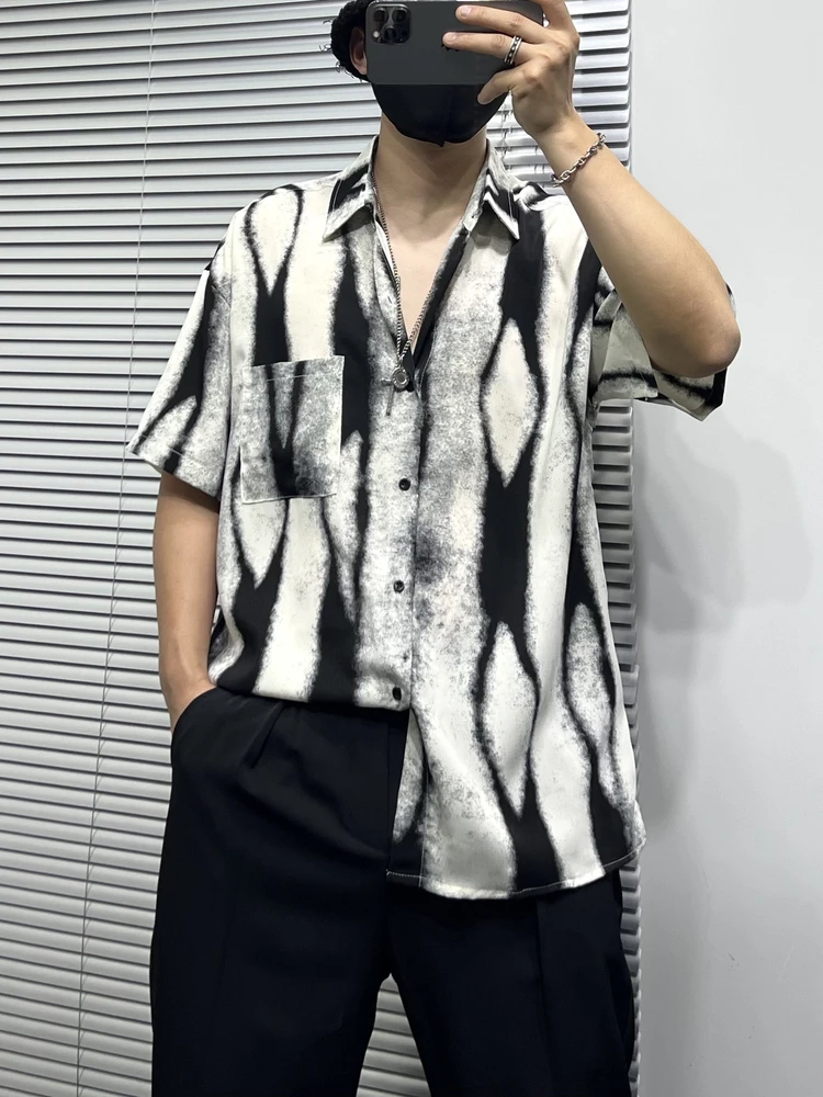 Men's 2025 Summer New Thin Original Personality Irregular Printed Tops Loose Handsome Shirts Men's Trendy Contrast Color Shirts