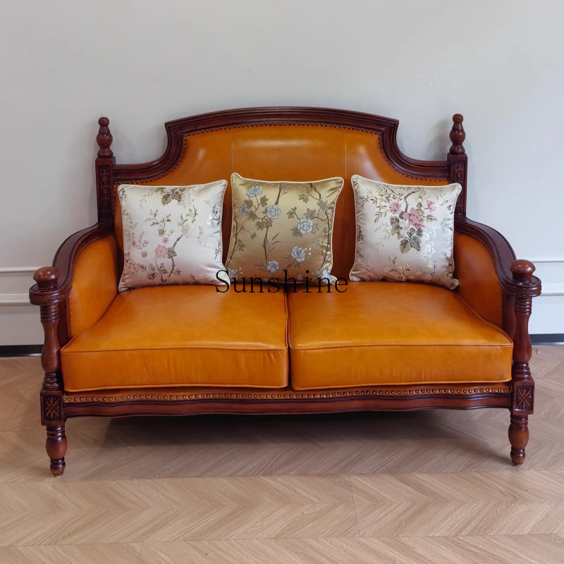 

American leather sofa living room 123 combination furniture all solid wood frame orange yellow