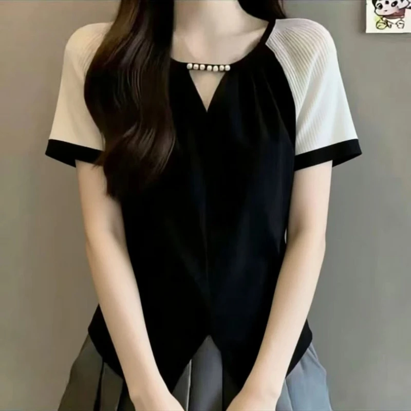 

Модная женская блузка с коротким рукавом, контрастными вставками и разрезом по низу, универсальная, в корейском стиле, для лета, больших размеров