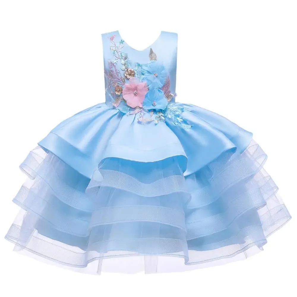 Baby Girls Dress Embroidered Flower Kids Party Dresses Vintage Layer Children Ball Gown Frocks for Girl 1-8Y