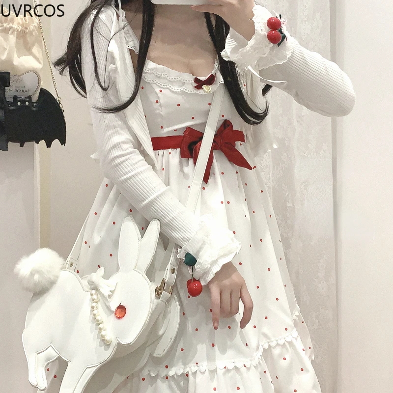 Japanese Kawaii Lolita Style Jsk Dress Women Sweet Bow Polka Dot Print Princess Dresses Cute Lace Ruffles Sleeveless Party Dress