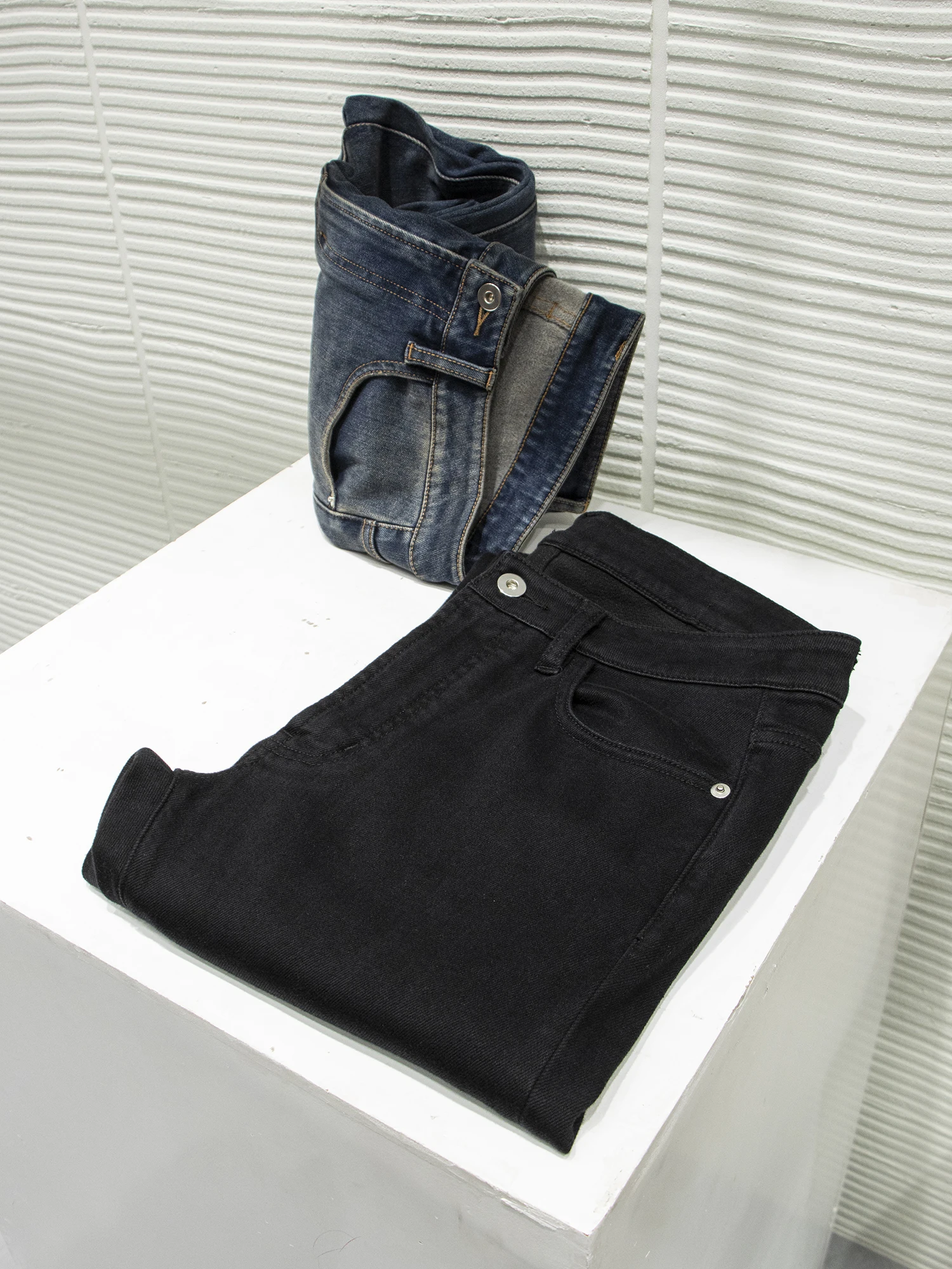 

Men's Fce Lined Thiened Slim Straight Jeans Winter Warm Cotton Stretch Denim mid Waist Zipper Closure Casual Vintage Sle