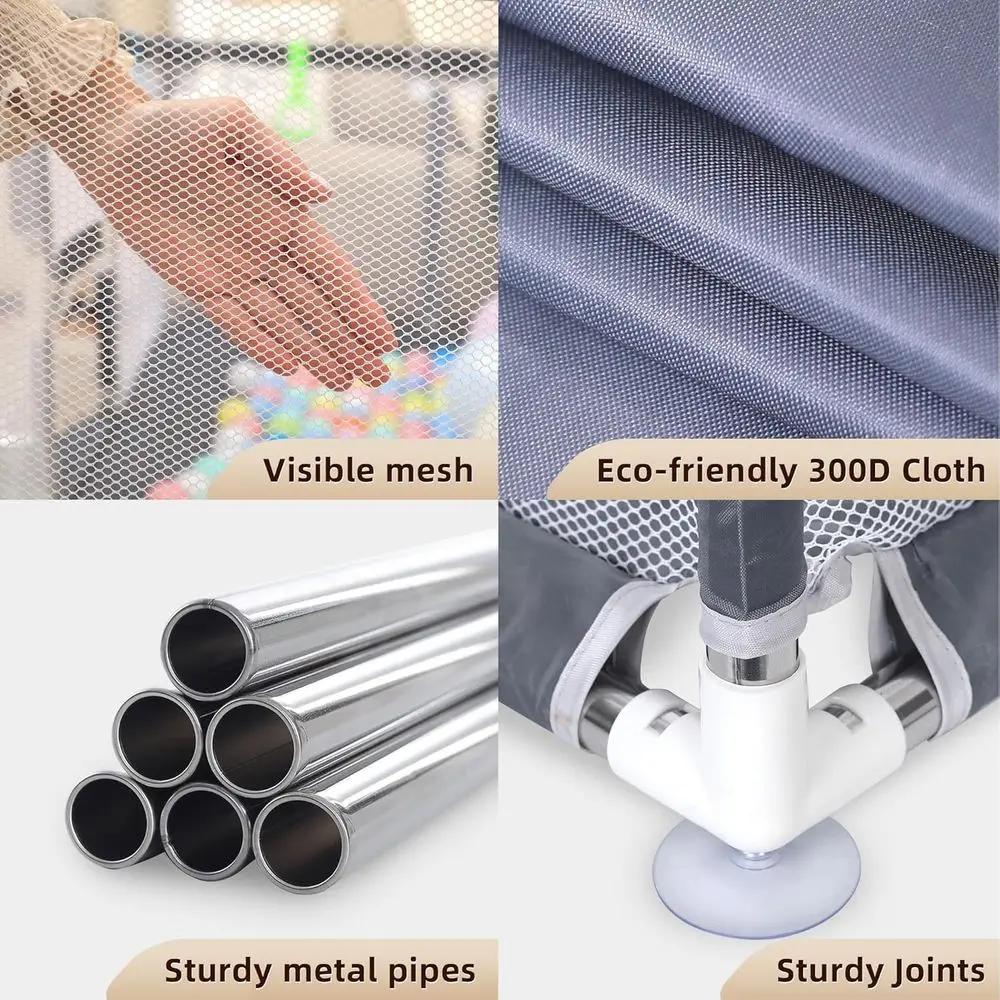 Parc gris avec tapis, 73x71, adapté aux bébés et aux tout-petits, utilisation extérieure et intérieure, design respirant avec accessoires