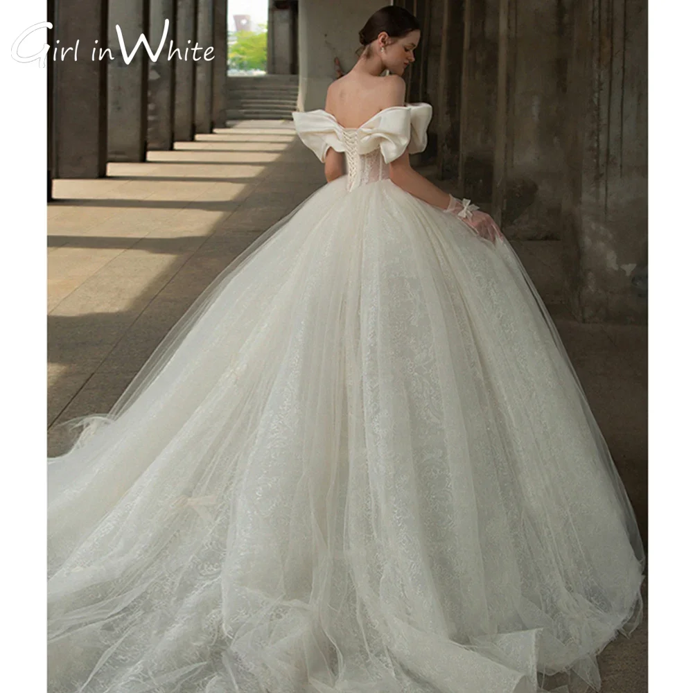 New Classic Off The Shoulder Sweetheart customized Shiny Beading Pearls Bow Tulle Lace Bow Ball Gown Wedding Dresses For Women