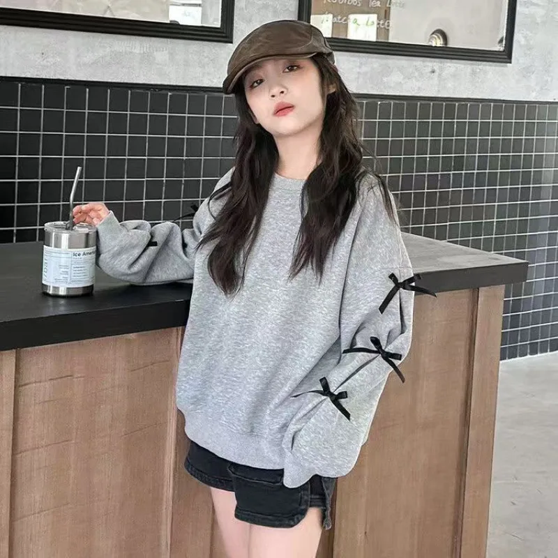 

Children Clothes Teens Girls Sweatshirt Spring Autumn Casual Loose Kids Hoodies for Girl Cute Bow Round-neck Top Clothing