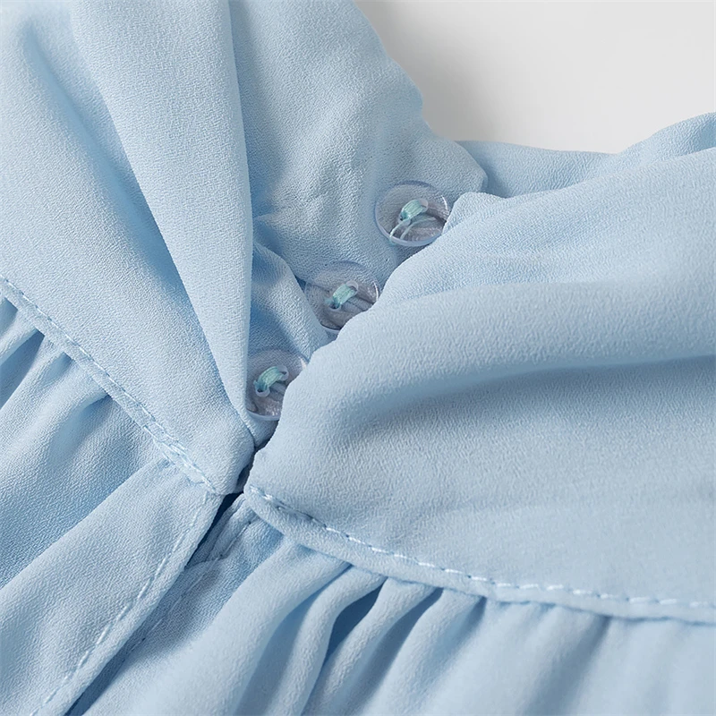 KEANKETIAN 2025 Novo vento de férias em camadas estilo capa mini vestido azul claro feminino gola batwing manga vestidos de chiffon