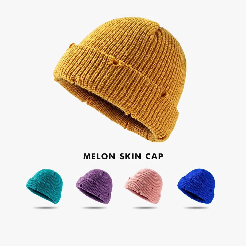 Custom Embroidery Logo Short Distressed Cuffed Knit Melon Skin Beanie Hip Hop Street Winter Warm Unisex Skull Hat For Men Women