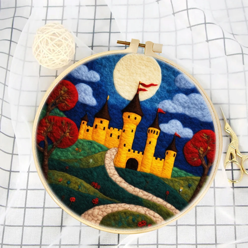 

CHENISTORY Diy Wool Felting Painting Castle Scenery Starter Kit Creative Needle Felting Wool Painting With Frame Crafts Gift ﻿