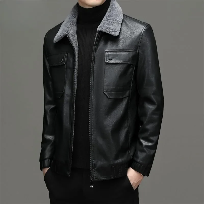 

Высококачественное приталенное мужское кожаное пальто большого размера, повседневная однотонная верхняя одежда с лацканами, зимняя мужская куртка из овечьей кожи на флисовой подкладке