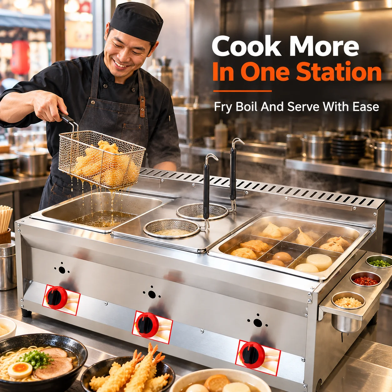 AOLIVIYA Commercial Gas Deep Fryer Stainless Steel Countertop LPG Frying Machine Noodle Boiler Oden Cooker For Restaurants