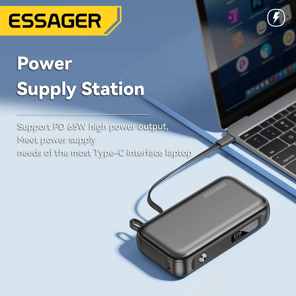 Imagem -04 - Essager Portable Power Bank com Cabo Usb c Bateria de Reposição Externa para Iphone Ipad Macbook Carregador Rápido 65w 15000mah