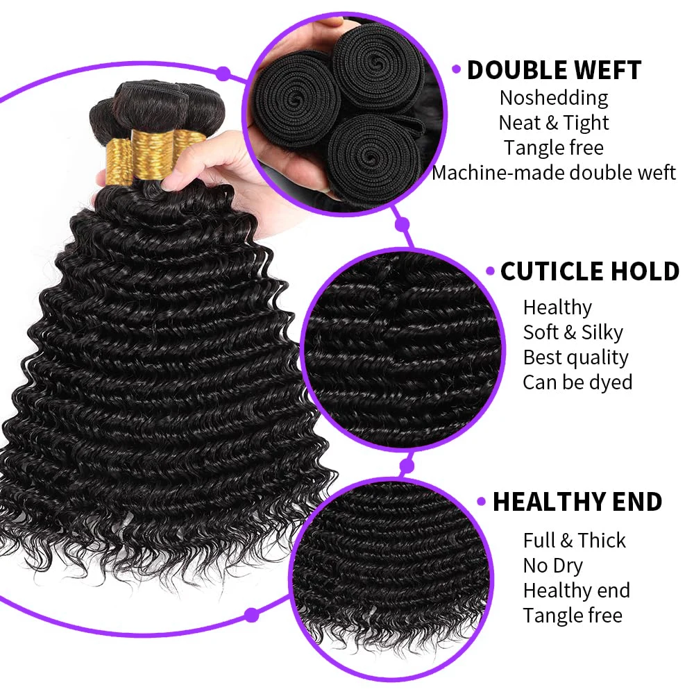 Deep Wave Human Hair Bundles With 13x4 HD Lace Frontal With Extensions Brazilian Weave 3 Bundles With Frontal for Women