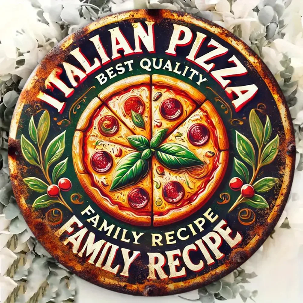 Round Plate Vintage Iron Crafts Italian Pizza Family Recipe Food Billboard Metal Tin Sign Garage Bar Home Decoration Wall Plaque