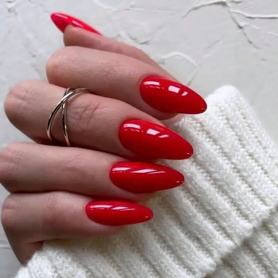 

24Pcs Solid Red Almond Press On Nails, Reusable No Glue, Short/Long Optional, For Daily Party Date Wedding, Free Shipping