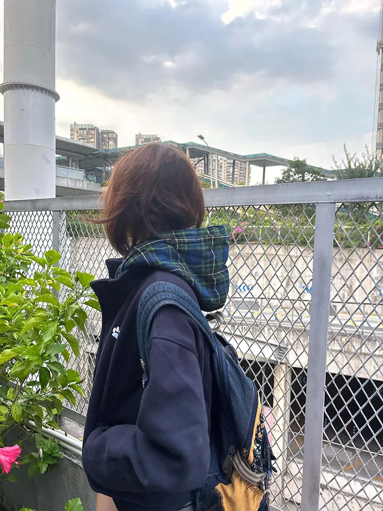 Moletom com capuz xadrez retrô coreano feminino outono inverno Thiened Fce casaco com zíper tamanho pequeno cardigã aberto Sle Long Sve Sweat...