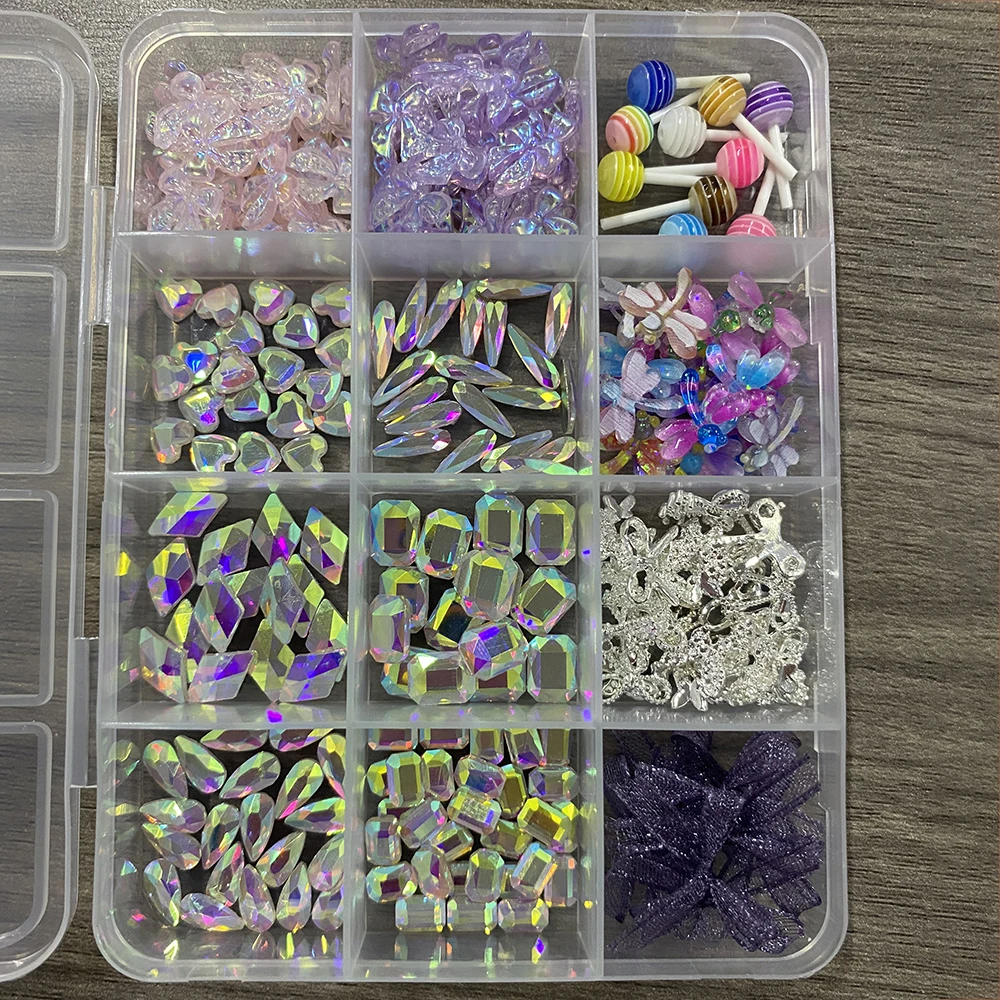 12 Siatek 3D Mieszane AB Diamentowe Fioletowe Aurora Kokardki Ozdoby do Paznokci z Kokardką z Organzy Lizak Cyrkonie do Paznokci DIY Akcesoria do Manicure