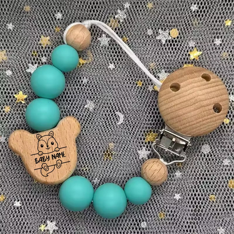 Green Squirrel Custom Animal Print Name Wood Personalized Baby Pacifier Chain Clip Bead Dummy Nipple Teethe Pendant Newborn Gift