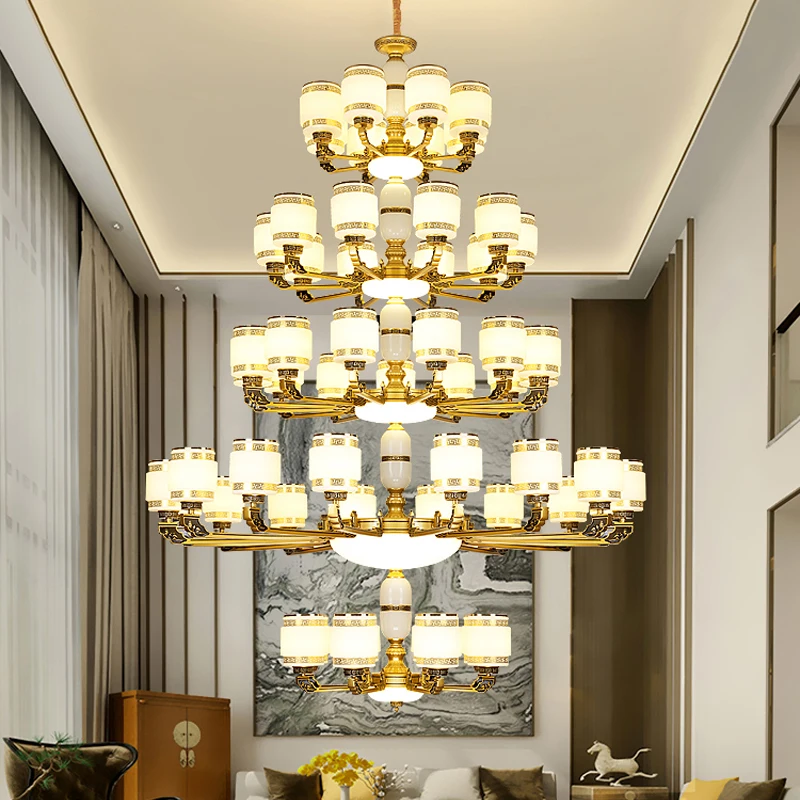 Superior Restaurant Hotel Jade Big Chandeliers Duplex Building Living Room LED Pendant Lamps Villa Staircase Chandelier Lighting