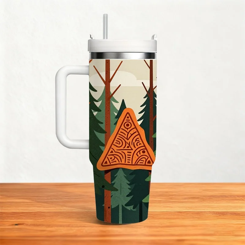 1pc 40 Oz Stainless Steel Double Wall Insulated Tumbler with Handle And Straw, Whimsical Illustrative Forest Orange Triangle Print Sublimation Travel Mug, Keeps Drinks Hot 18H & Cold 36H