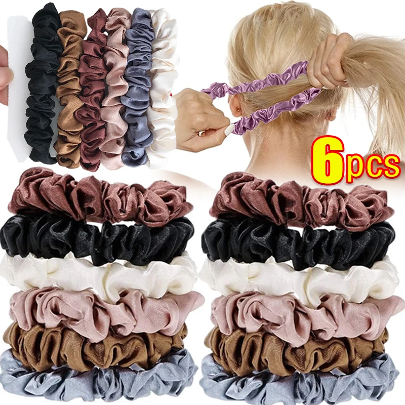 1/6pcs Korea Satin Elastic Hair Band Scrunch Ponytail Holder Scrunchy Hair Ties Solid Color Women Girls Headwear Ponytail Holder