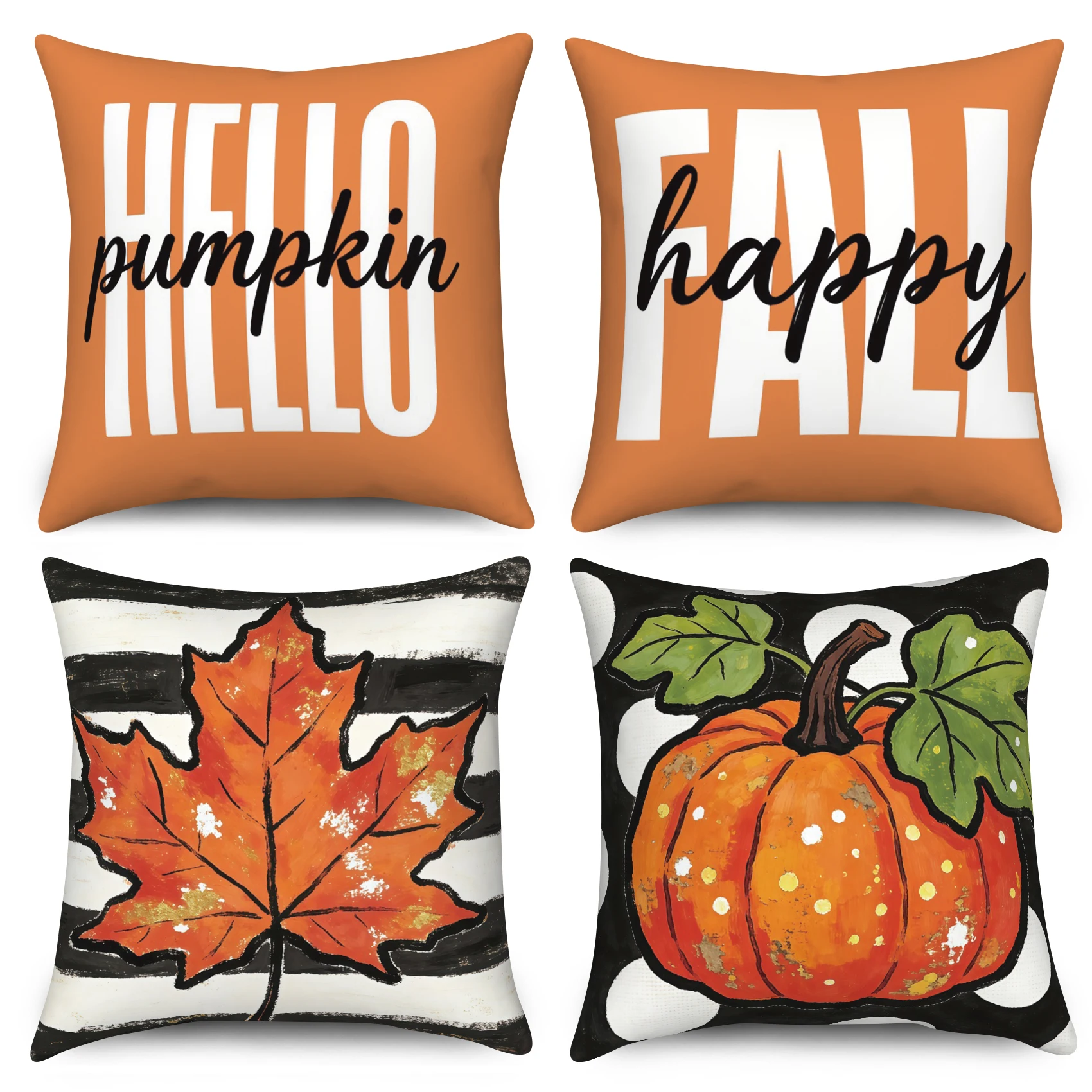 4Pcs/Set Fall Thanksgiving Pillow Covers, Hello Pumpkin Maple Leaf Cushion Cases, Polyester/Linen, Autumn Farmhouse Decoration