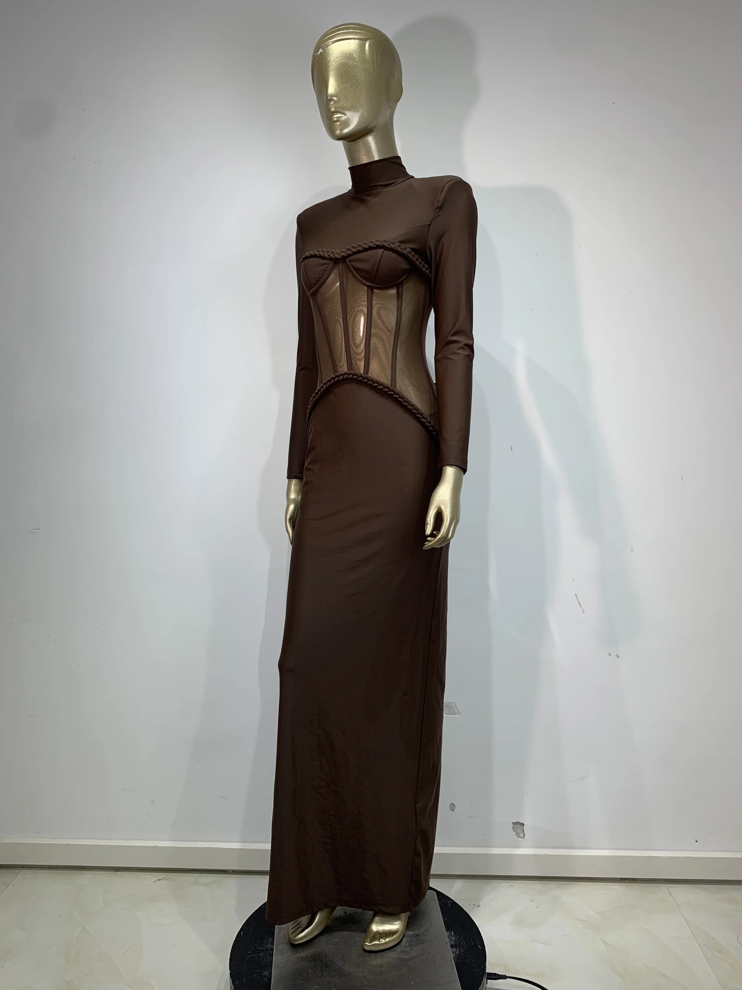 Mode Sexy femmes robe moulante marron maille à manches longues Cocktail de luxe anniversaire soirée Club robes de soirée robe d'invité de mariage