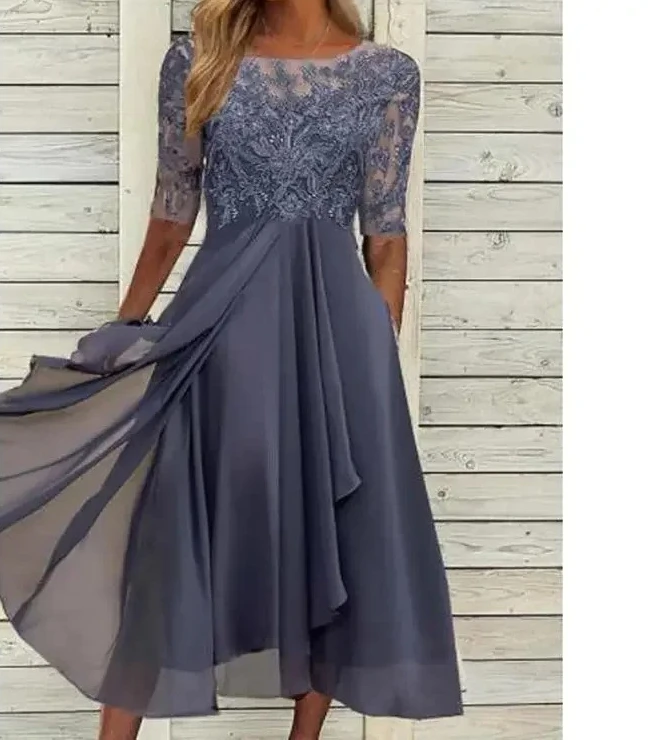 

Lace & Chiffon Splicing Dress - 2026 Women's Hollow Out Knee-Length Gown, Elegant Maid of Honor & Evening Dress